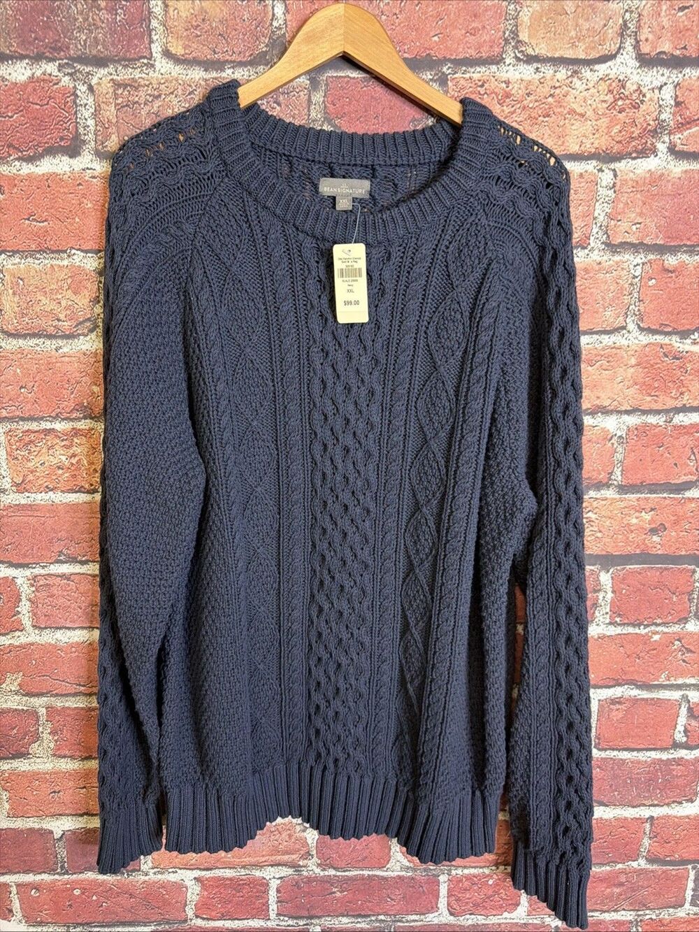 LL Bean Mens Signature Cotton Fisherman Cableknit Crewneck Sweater Navy XXL NWT